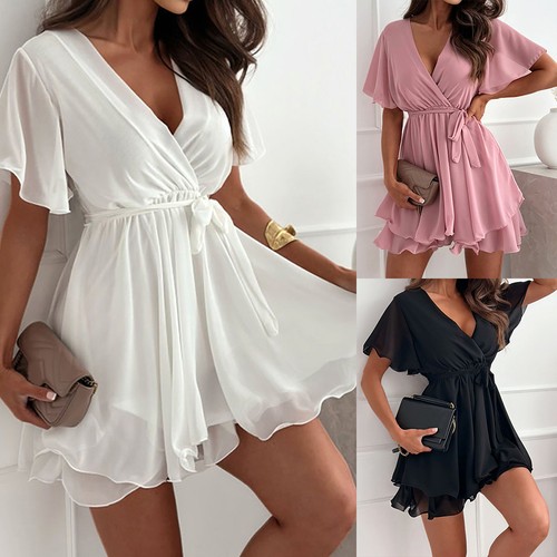 Damen neck chiffon minikleid - v-neck,